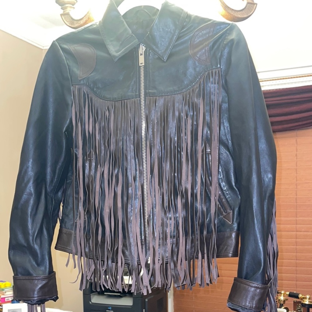 Black / Brown Leather Fringe Jacket (Brand: NastyGal)